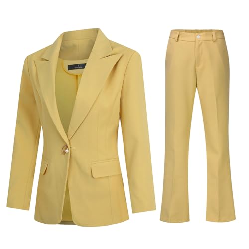 YYNUDA Hosenanzüge für Damen Spitzkragen Fallendes Revers Slim Elegant Taillierter Business Hosenanzug Gelb XXL von YYNUDA