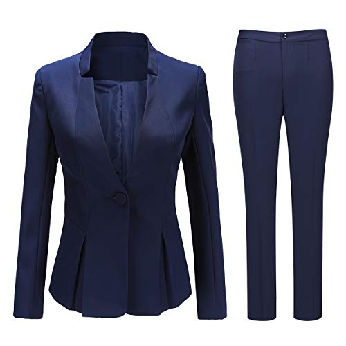 YYNUDA Hosenanzug Damen Business 2 Teiilg Anzug Slim Fit Blazer mit Anzughosen für Büro,Blau,L von YYNUDA