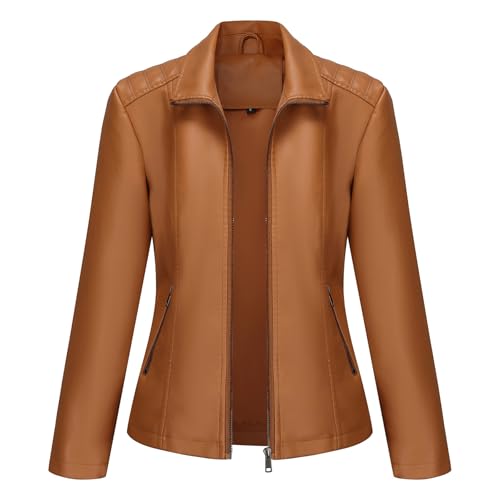 YYNUDA Lederjacke Damen Elastischer Stoff PU Bikerjacke Reißverschluss Einfarbig Leder Stehkragen Motoradjacke Braun M von YYNUDA