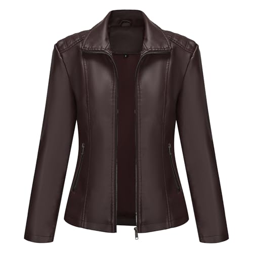 YYNUDA Lederjacke Damen Elastischer Stoff PU Bikerjacke Reißverschluss Einfarbig Leder Stehkragen Motoradjacke Kaffee XL von YYNUDA