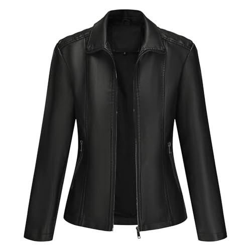 YYNUDA Lederjacke Damen Elastischer Stoff PU Bikerjacke Reißverschluss Einfarbig Leder Stehkragen Motoradjacke Schwarz XXL von YYNUDA