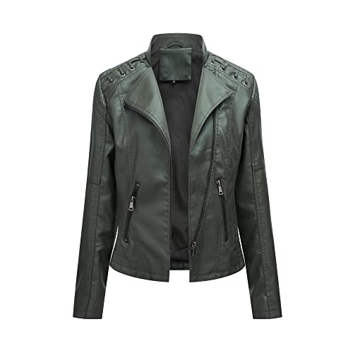 YYNUDA Lederjacke Damen Kurz Bikerjacke Reverskragen Motoradjacke Leder Jacke Übergangsjacke für Frühling Herbst（Grün XXL） von YYNUDA