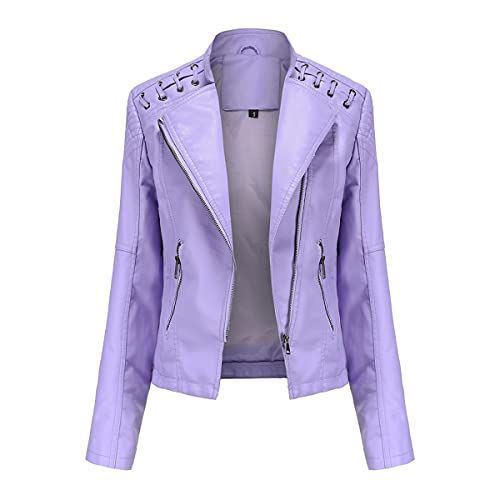 YYNUDA Lederjacke Damen Kurz Bikerjacke Reverskragen Motoradjacke Leder Jacke Übergangsjacke für Frühling Herbst（Lila1 M） von YYNUDA