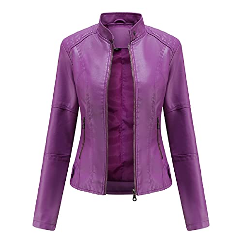 YYNUDA Lederjacke Damen Kurz Jacke Übergangsjacke aus Kunstleder mit Reißverschluss für Herbst（N767 Lila 3XL） von YYNUDA