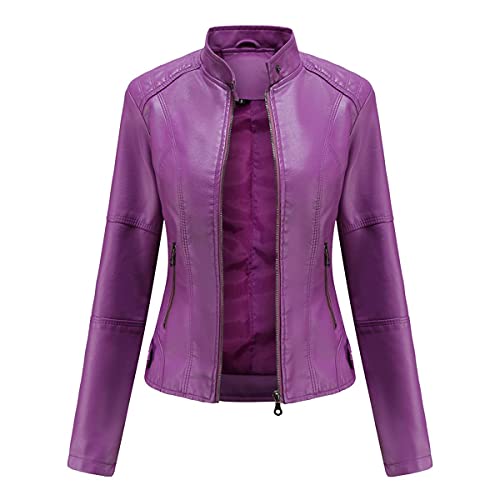 YYNUDA Lederjacke Damen Kurz Jacke Übergangsjacke aus Kunstleder mit Reißverschluss für Herbst（Lila 3XL） von YYNUDA