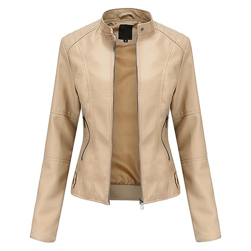YYNUDA Lederjacke Damen Kurz Jacke Übergangsjacke aus Kunstleder mit Reißverschluss für Herbst（Beige M） von YYNUDA
