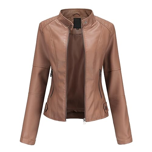 YYNUDA Lederjacke Damen Kurz Jacke Übergangsjacke aus Kunstleder mit Reißverschluss für Herbst（Braun XL） von YYNUDA