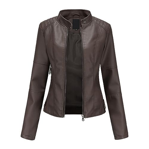 YYNUDA Lederjacke Damen Kurz Jacke Übergangsjacke aus Kunstleder mit Reißverschluss für Herbst（Kaffee M） von YYNUDA