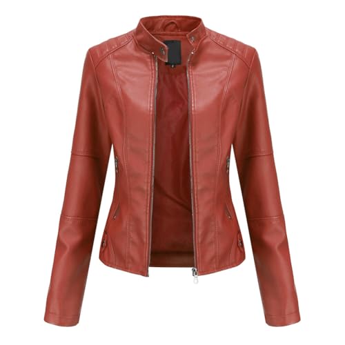 YYNUDA Lederjacke Damen Kurz Jacke Übergangsjacke aus Kunstleder mit Reißverschluss für Herbst（Rot L） von YYNUDA