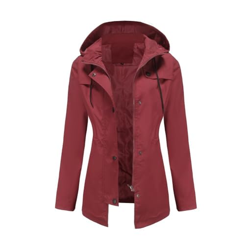 YYNUDA Regenjacke Damen Wasserdicht Windbreaker Leicht Lange Windjacke Übergangsmantel mit Atmungsaktiv mit Kapuze Rot S von YYNUDA