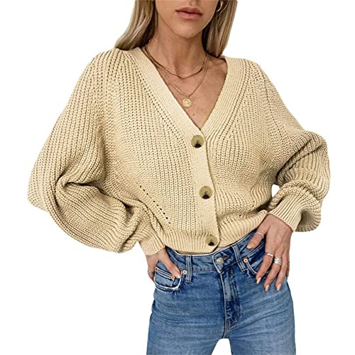 YYNUDA Strickjacke Damen Grobstrick Cardigan Kurz Strickpullover mit V-Ausschnitt Knopfleiste Oversize,Beige,Size L von YYNUDA