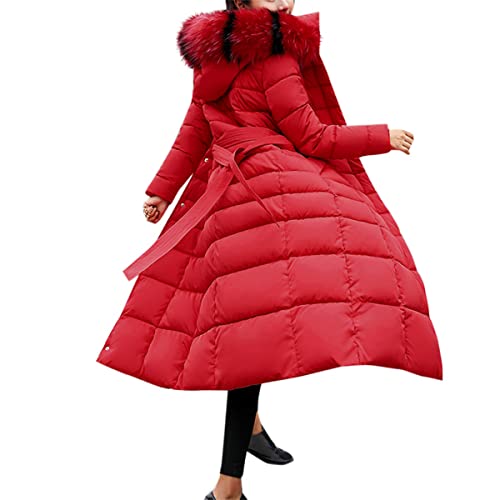 YYNUDA Wintermantel Damen Lang Warm Steppmantel mit Flaum Kapuze Daunenmantel Gefüttert Elegant Steppjacke Winterjacke Rot L von YYNUDA