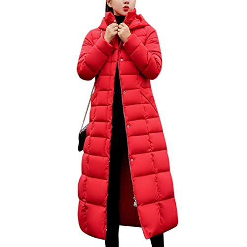 YYNUDA Wintermantel Damen Lang Warm Steppmantel mit Kapuze Daunenmantel Gefüttert Elegant Steppjacke Winterjacke（Rot L） von YYNUDA