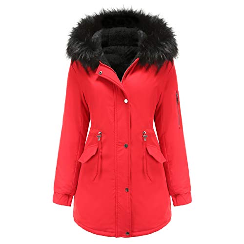 YYNUDA Wintermantel Damen Warm Gefüttert Winter Parka Jacke Mittellang Winterjacke mit Pelzmantel Fellkapuze （Rot 3XL） von YYNUDA