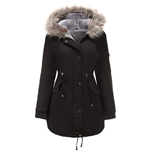 YYNUDA Wintermantel Damen Warm Gefüttert Winter Parka Jacke Mittellang Winterjacke mit Pelzmantel Fellkapuze （Schwarz 3XL） von YYNUDA