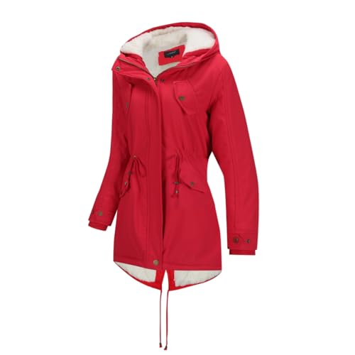 YYNUDA Wintermantel Damen Warm Gefüttert Winter Parka Mittellang Winterjacke Winterparka mit Fellkapuze Dicke Coat Große Größen #337 Rot XXL von YYNUDA
