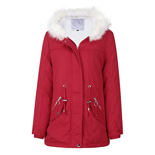YYNUDA Winterparka Damen Lang Wintermantel Warm Winter Jacke Dicker Parka mit Fell Kapuze Outdoor Jacke Oversized Mantel,Rot,L von YYNUDA