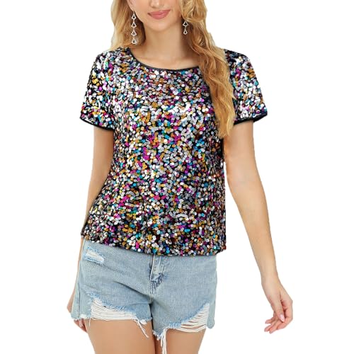 Damen Pailletten Oberteil Glitzer Tops Kurzarm Rundhals T-Shirt Club Casual Elegant Festliche Blusen Disco Sommer Party Outfit Mehrfarbig XXL Damen Pailletten Oberteil Glitzer Tops Kurzarm Rundhals T-Shirt Club Casual Elegant Festliche Blusen Disco Sommer Party Outfit Mehrfarbig XXL von YYPBI