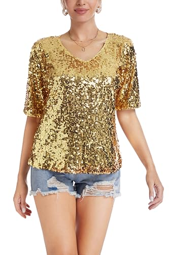 Damen Pailletten Oberteil V-Ausschnitt Glitzer Tops Kurzarm Party Bluse T-Shirt Freizeit Sommer Cocktail Club Night Outfits Gold L Damen Pailletten Oberteil V-Ausschnitt Glitzer Tops Kurzarm Party Bluse T-Shirt Freizeit Sommer Cocktail Club Night Outfits Gold L von YYPBI