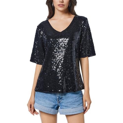 Damen Pailletten Oberteil V-Ausschnitt Glitzer Tops Kurzarm Party Bluse T-Shirt Freizeit Sommer Cocktail Club Night Outfits Schwarz M Damen Pailletten Oberteil V-Ausschnitt Glitzer Tops Kurzarm Party Bluse T-Shirt Freizeit Sommer Cocktail Club Night Outfits Schwarz M von YYPBI