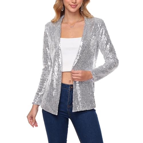 YYPBI Damen Pailletten Blazer Glitzer Jacke Revers Langarm Vorne Offen Party Festlich Cardigan Outwear Business Casual Blazerjacke Silber L von YYPBI