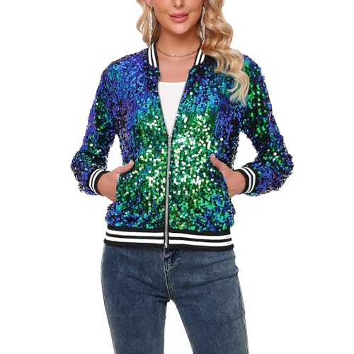 YYPBI Damen Pailletten Jacke Bomberjacke langärmelig glitzernder Bomber Jacke Metallic Festival Konzert Party Jacke mit Taschen Grün XXL von YYPBI