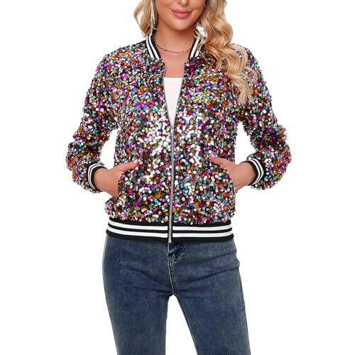 YYPBI Damen Pailletten Jacke Bomberjacke langärmelig glitzernder Bomber Jacke Metallic Festival Konzert Party Jacke mit Taschen Mehrfarbig XXL YYPBI Damen Pailletten Jacke Bomberjacke langärmelig glitzernder Bomber Jacke Metallic Festival Konzert Party Jacke mit Taschen Mehrfarbig XXL von YYPBI