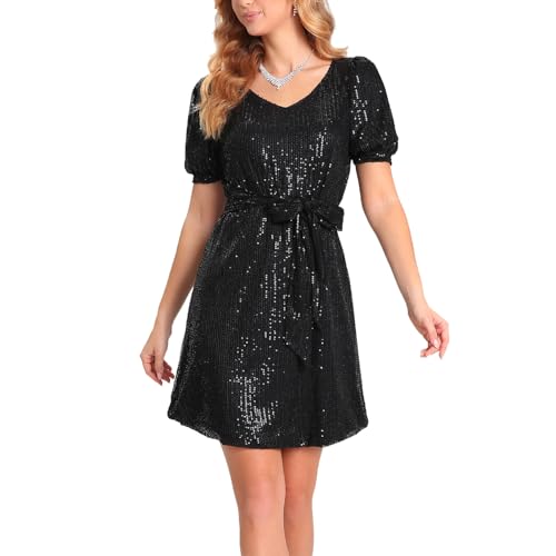 YYPBI Pailletten Kleid Damen V-Ausschnitt Kurzarm Kleid Elegant Mini Kleid Cocktailkleid Partykleid Schwarz S YYPBI Pailletten Kleid Damen V-Ausschnitt Kurzarm Kleid Elegant Mini Kleid Cocktailkleid Partykleid Schwarz S von YYPBI