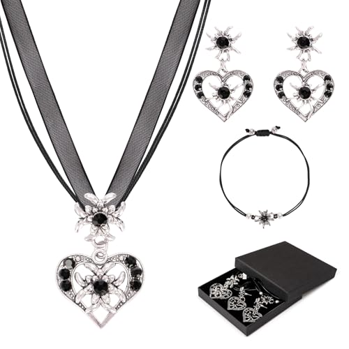 YYSWSAKY 4 Stück Trachtenschmuck Damen Set, Trachtenschmuck Set, Bayerisch Dirndlschmuck Trachtenkette Schmuck, Herzkette und Ohrringe, Edelweiß Armband, Oktoberfest Trachtenschmuck (black) von YYSWSAKY