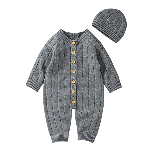 YYTA Damen Pullover Gelb Strick Neugeborenes Baby Jungen Mädchen Feste gestrickte Pullover Baby Overall Strampler Baumwolle Mützen Outfits Sets Kleidung Strickjacke Jungen 128 (Grey, 0-3 Months) von YYTA