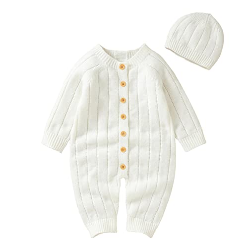 YYTA Damen Pullover Gelb Strick Neugeborenes Baby Jungen Mädchen Feste gestrickte Pullover Baby Overall Strampler Baumwolle Mützen Outfits Sets Kleidung Strickjacke Jungen 128 (White, 0-3 Months) von YYTA