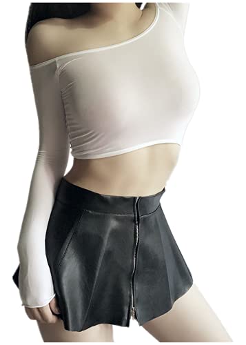 YYUNANG Damen Sexy Lederrock, Minirock + Ice Silk Top, PU-Rock (B) von YYUNANG