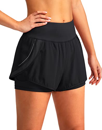 YYV Damen Running Workout Shorts 2 in 1 High Waisted Athletic Shorts für Frauen mit Handytaschen, schwarz, Groß von YYV