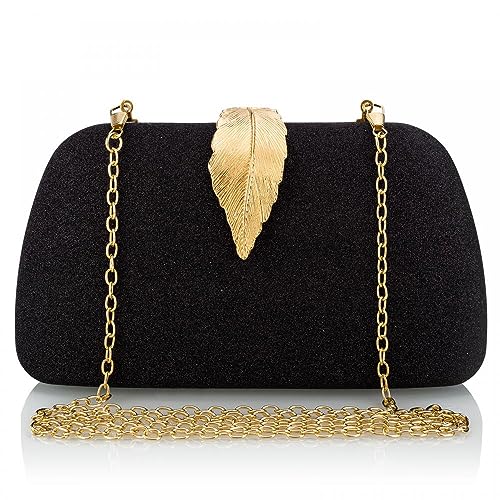 YYW Damen Clutches Blatt Muster Handtasche Sparkly Elegante Abendtasche für Damen mit Abnehmbarer Kette für Hochzeit Party Braut Proms, Schwarz , Einheitsgröße von YYW