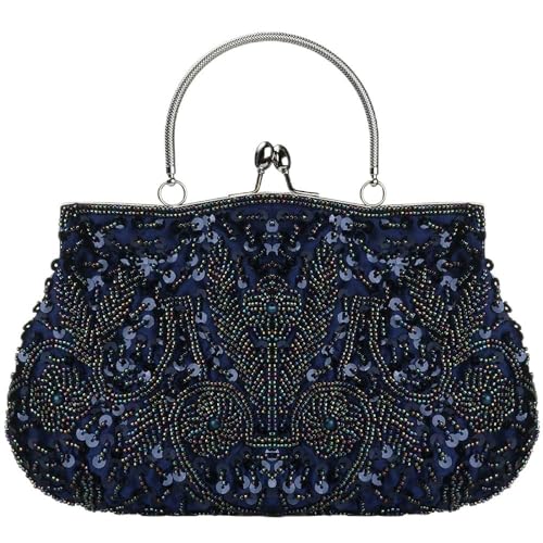 YYW Damen-Handtasche mit kleinen Glasperlen, Zinklegierung, florales Design, Tasche mit Tragegriff oben, für Damenpartys, Brautpartys, Cocktailpartys, Abschlussbälle, Blaue mechanische Platte, von YYW