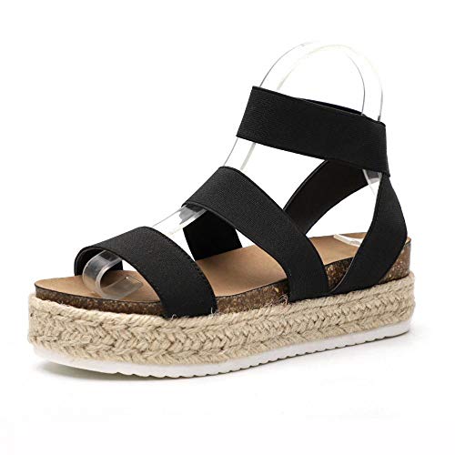 YYW Damen Sandalen Plateau Sommer Flache Espadrilles Keilabsatz 6cm Sandaletten Frauen Schuhe Knöchel Elegante Strand Schwarz Braun Rosa Gr.35-43 (Black,35) von YYW