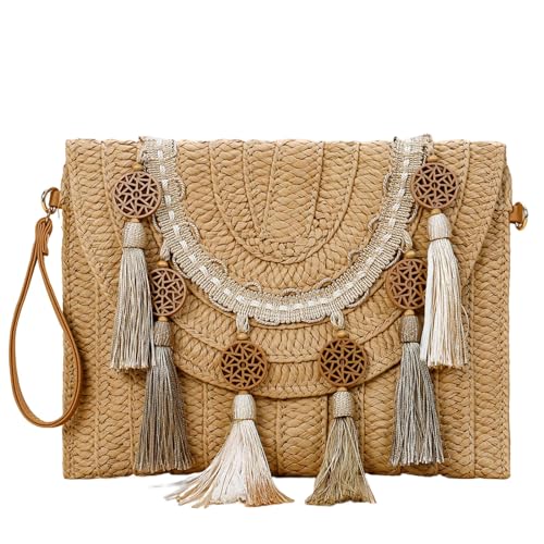 YYW Stroh Handtasche Stroh Clutch Stroh Umhängetasche für Frauen Sommer Strand Cruising Umschlag Clutch Basttasche, Khaki Quaste, Einheitsgröße von YYW