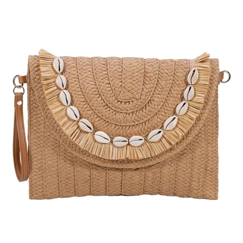 YYW Stroh Handtasche Stroh Clutch Stroh Umhängetasche für Frauen Sommer Strand Cruising Umschlag Clutch Basttasche, Shell Lafite, Einheitsgröße von YYW