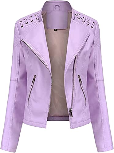 YYZYY Damen Lederjacke Kurz Kunstlederjacke Reißverschluss Slim Fit Jacke Übergangsjacke Female Leather Jacket (helle Rosa,M) von YYZYY