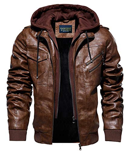 YYZYY Herren Jacke Mit Kapuze Kunst- Lederjacke Bikerjacke Biker Übergangsjacke Abnehmbare Kapuze (Braun,S) von YYZYY