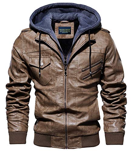 YYZYY Herren Jacke Mit Kapuze Kunst- Lederjacke Bikerjacke Biker Übergangsjacke Abnehmbare Kapuze (Khaki,M) von YYZYY