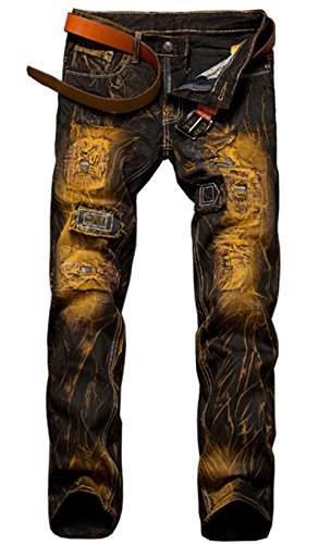 YYZYY Herren Jeanshose Biker Destroyed Look Jeans Hose Denim strapazierfähig Ripped (W29/L30, 9890/Retro Gelb) von YYZYY