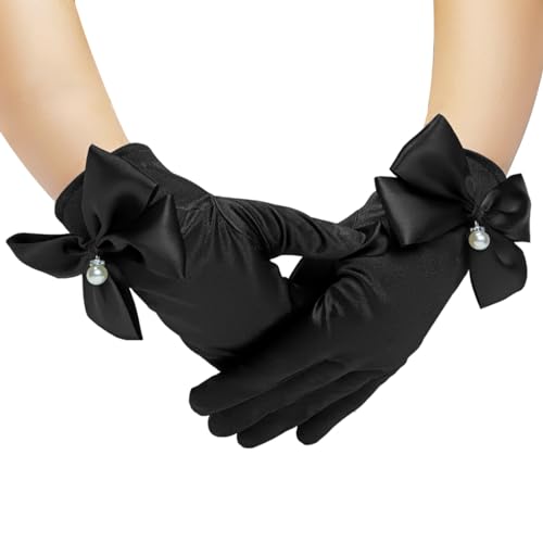 YYaaTING Schwarz Handschuh Retro Kurze Satin Handschuhe Elegant Brauthandschuhe für Damen Handgelenklange Party Kostüm Accessories Hochzeit Opera Maskerade Party Handschuhe von YYaaTING