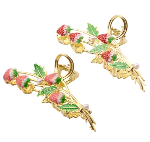 Haarklammern für Damen, dickes Haar, rote Erdbeere, modische Haarspangen, stark, rutschfest, Metall, Haarklammer, Zubehör (Rosa + Rot), 2 Stück von YYaaloa