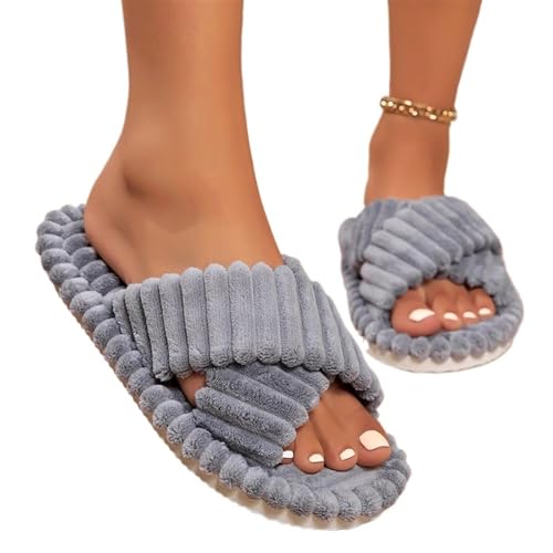 YZDKR Cord Cross Band Home Hausschuhe Frauen Herbst Winter Warme Plüsch Rutschen Frau Innen Schlafzimmer Weiche Sohle Baumwolle für Frauen(Gray,38-39) von YZDKR
