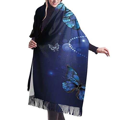 Dunkelblauer Schal mit Schmetterlings-Druck, Kaschmir-Decke, Pashmina-Schal, Winterschal, Damen, große Verpackung, Damen-Geschenke von YZHYWJFF