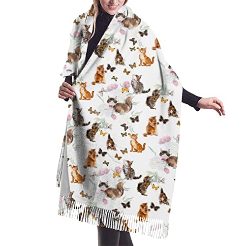 Kaschmir-Deckenschal mit Katzen- und Schmetterlingsdruck, für Damen, Pashmina-Schal, Winterschal, großes Wickeltuch, Damen-Geschenk von YZHYWJFF