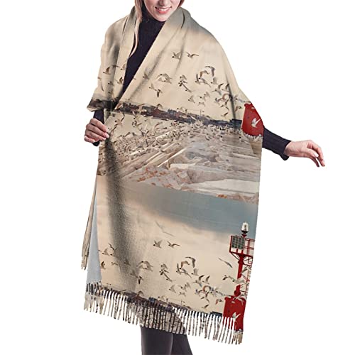 Kaschmir-Deckenschal mit Leuchtturm und Möwen-Print – Pashmina-Schal, Winterschal, Damen, großes Wickeltuch, Damen-Geschenk von YZHYWJFF