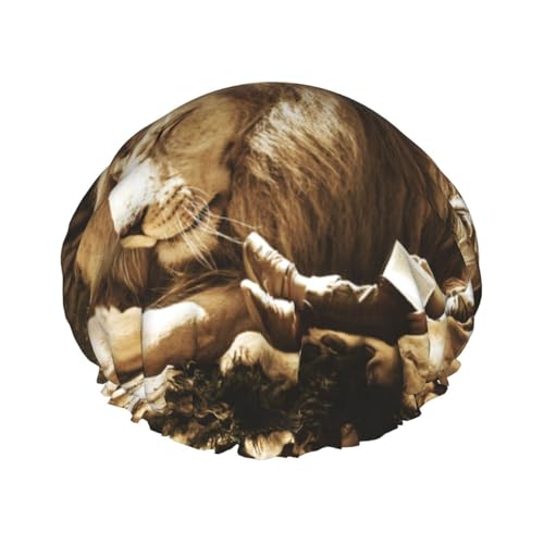 Mädchen Lesebuch schlafender Löwe bedruckte doppellagige Duschhaube, wiederverwendbare Duschhaube, geeignet für verschiedene Haarlängen von YZHYWJFF