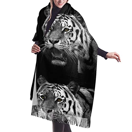 Schwarz-weißer Tiger-Print Kaschmir-Deckenschal – Damen Pashmina-Schal, Winterschal, Damen, großes Wickeltuch, Damen-Geschenk von YZHYWJFF